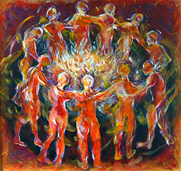 Remember Fire painting - circle of figures embracing